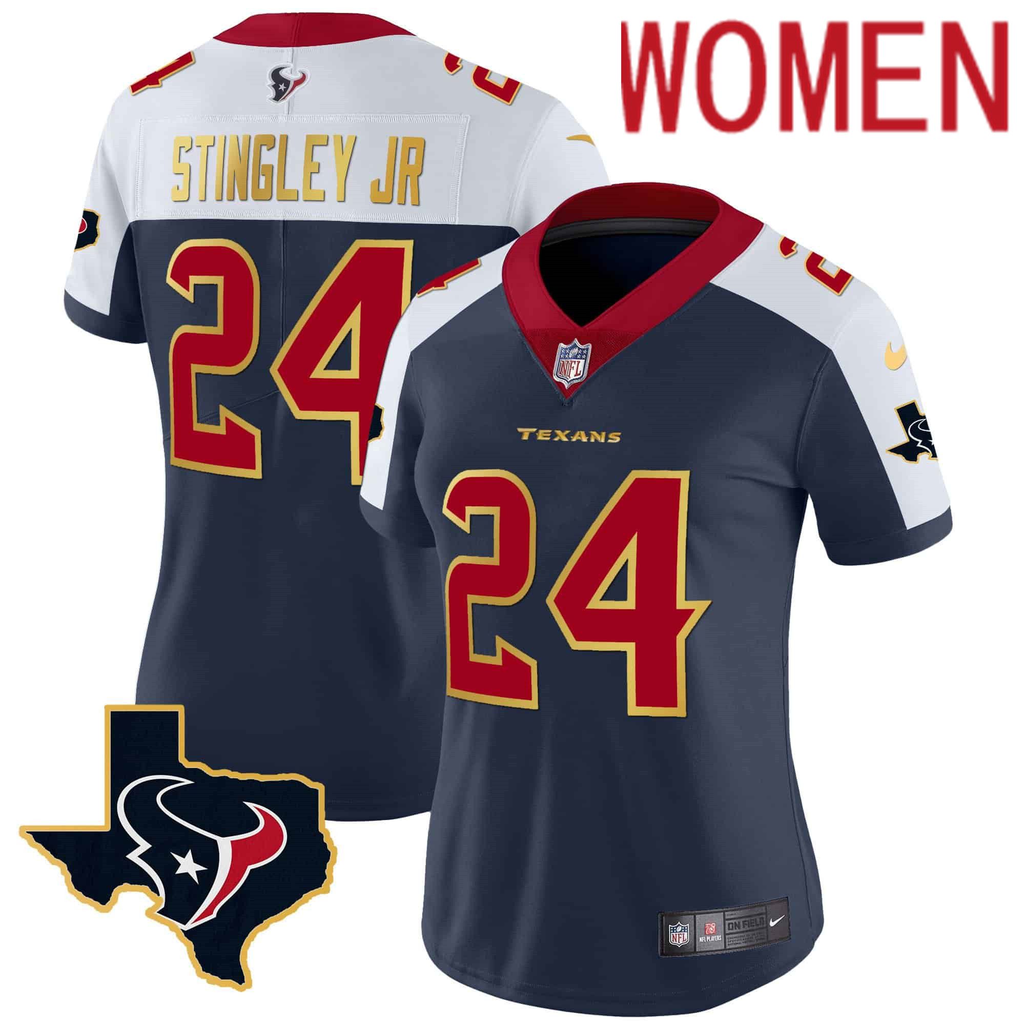 Women Houston Texans #24 Stingley jr Dark blue Gold 2024 Nike Trim Vapor NFL Jersey